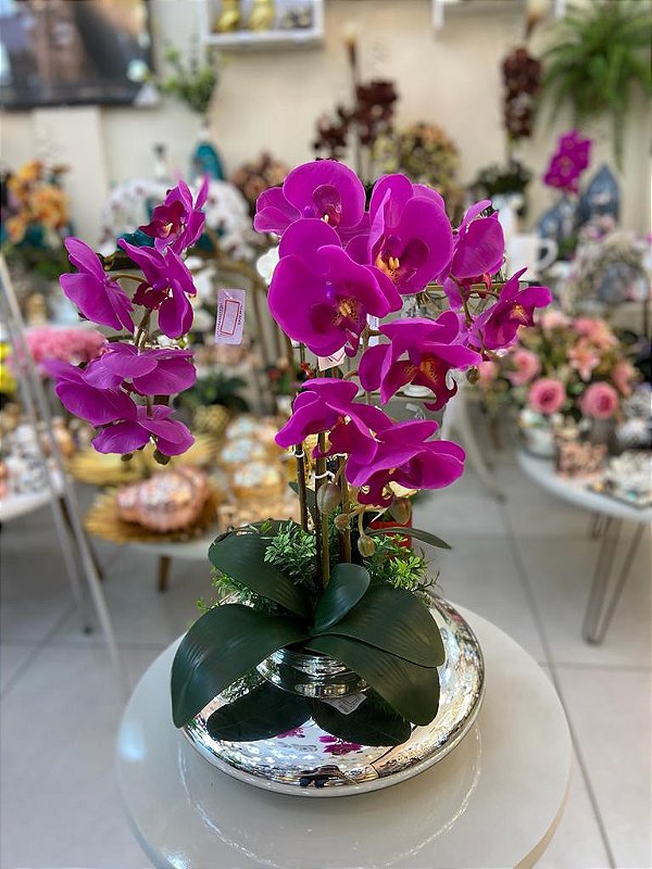 Arranjo de Orquídeas (Toque real - lavável) - Vaso Prata Vidro/Flores  Violeta - Lustres Karoline