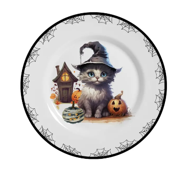 Jogo de Pratos Raso e Sobremesa Gato Preto Halloween 12un no Shoptime