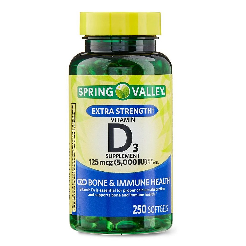 Spring Valley - Vitamina D3 125 mcg, 5.000 UI, 250 Softgels - RF Importados  - Produtos Importados de Beleza e Cuidados Pessoais