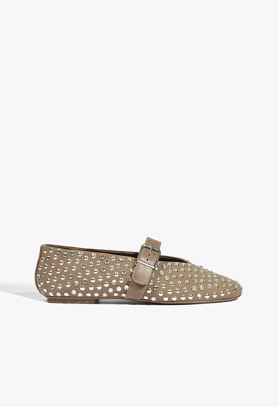 Sapatilha Feminina Sabrina Studs Fivela Camurça Rebite Strass
