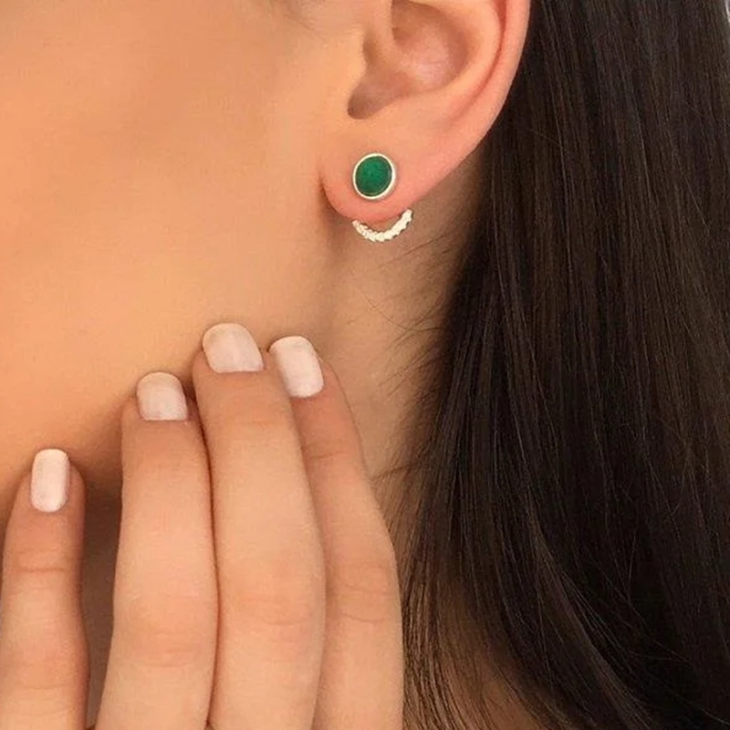 Brinco ear jacket pedra natural ágata verde e zircônia prata 925