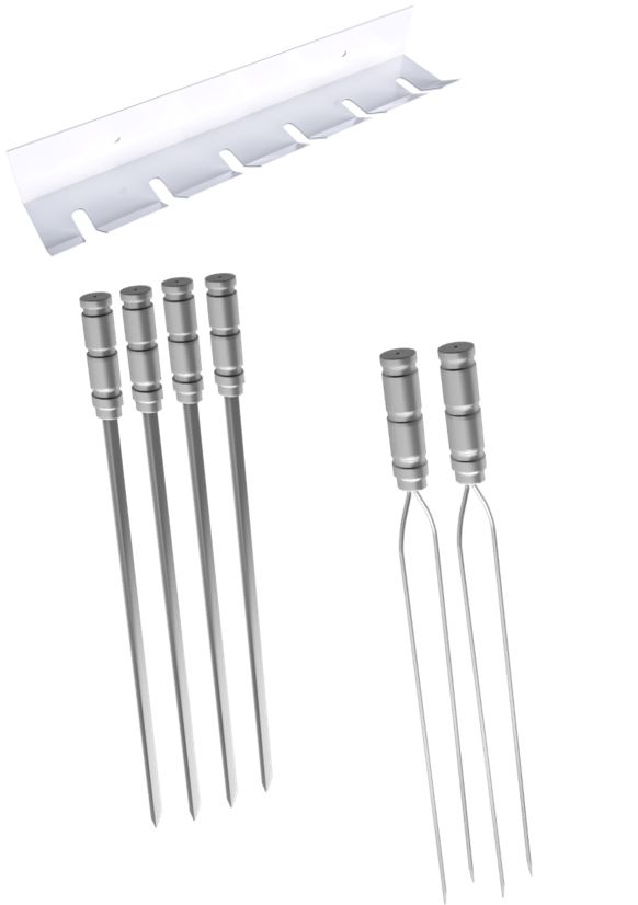 Kit / Conj. suporte + 4 espetos simples + 2 espetos duplo cabo alumínio 60 cm de lâmina
