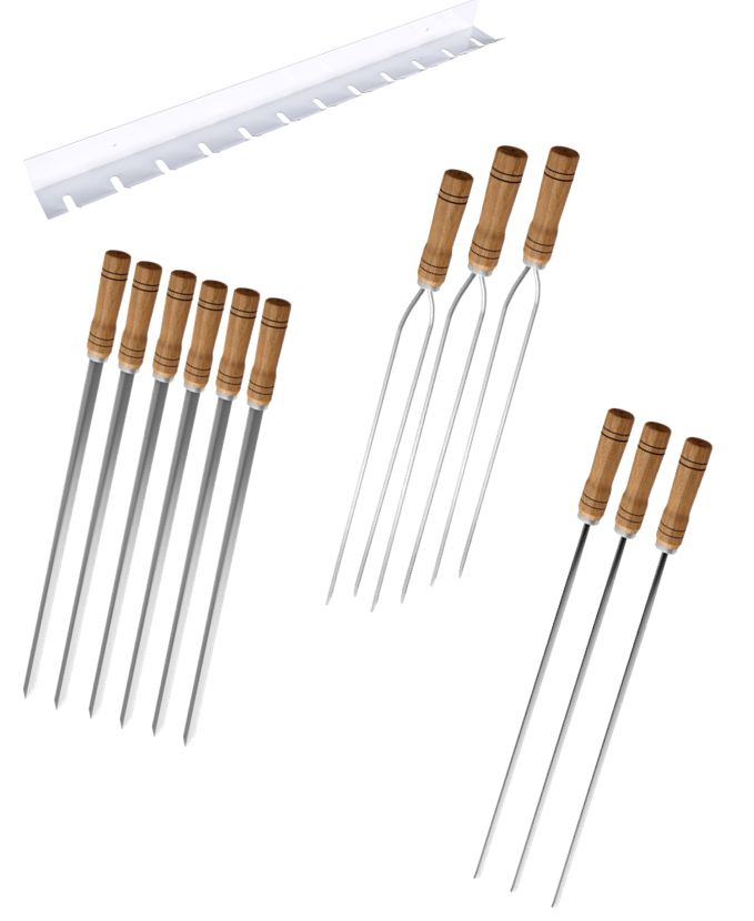 Kit / Conj. suporte + 6 espetos simples + 3 espetos duplo + 3 espetos p/coração cabo madeira 60 cm de lâmina