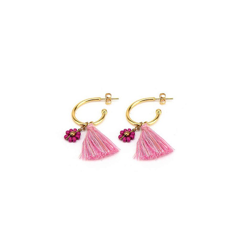 Brinco flor miçangas e tassel rosa
