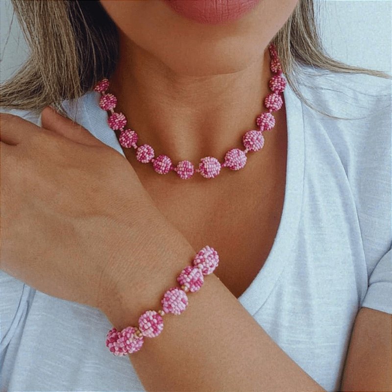 Conjunto colar + pulseira bola rosa Vestopazzo