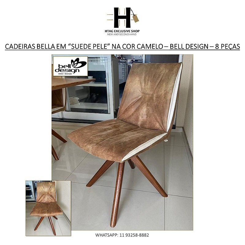 CADEIRAS BELLA ESTOFADAS EM “SUEDE PELE” NA COR CAMELO – BELL DESIGN – 8 PEÇAS