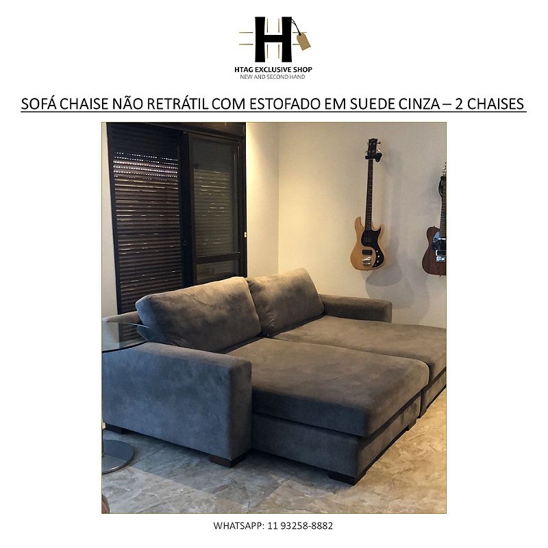 SOFÁ CHAISE NÃO RETRÁTIL EM ESTOFADA EM SUEDE CINZA – 2 CHAISES