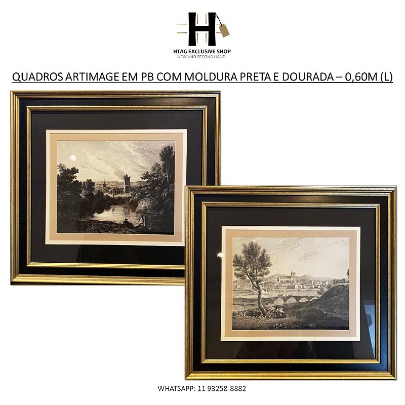 QUADROS DECORATIVOS EM PB COM MOLDURA PRETA E DOURADO E VIDRO FRONTAL – ARTIMAGE