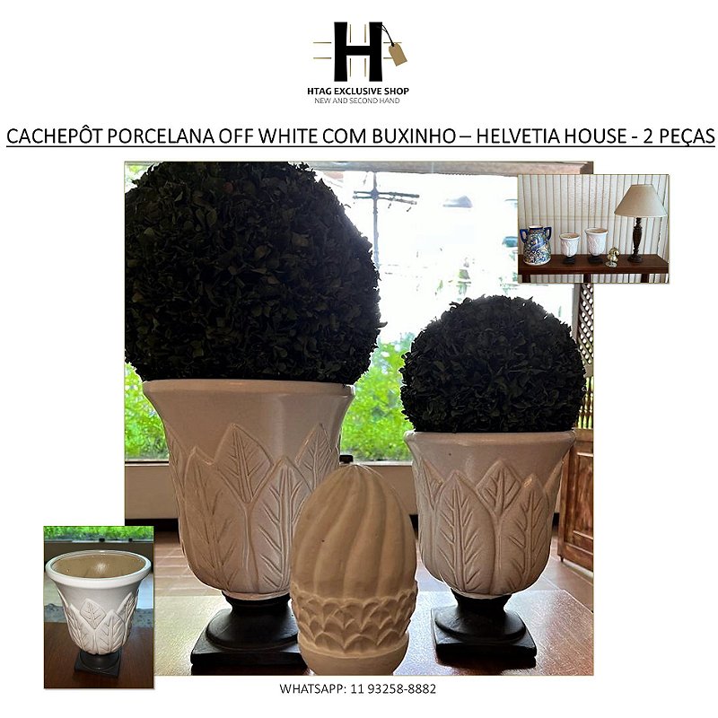 CACHEPÔT EM PORCELANA OFF WHITE COM BUXINHO – HELVETIA HOUSE - 2 PEÇAS TAM DIFERENTES