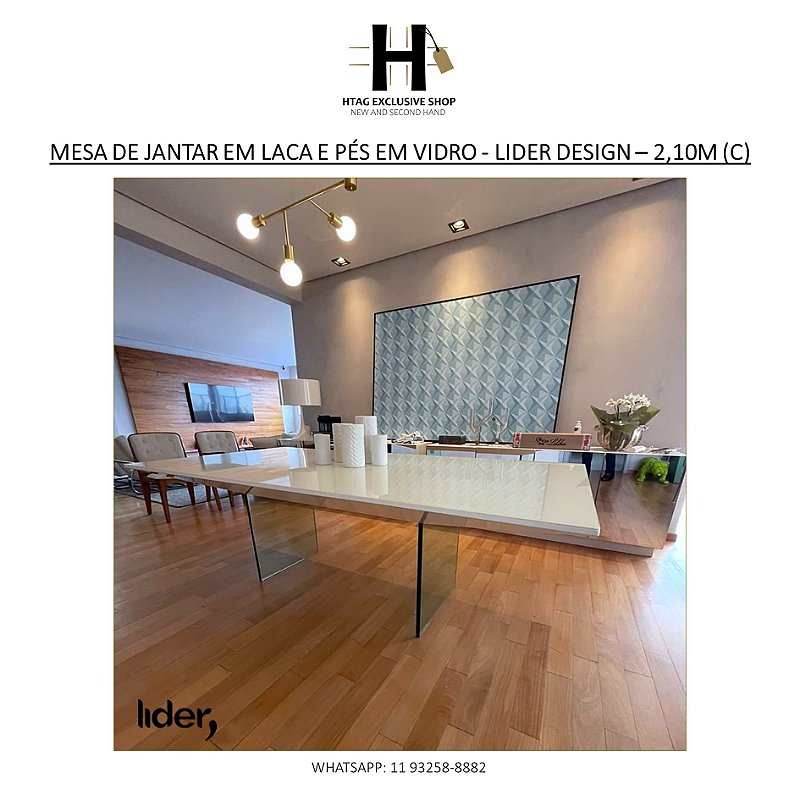 MESA DE JANTAR COM TAMPO DE LACA BRANCA E BASE EM VIDRO – LIDER DESIGN – 2,10M (C)