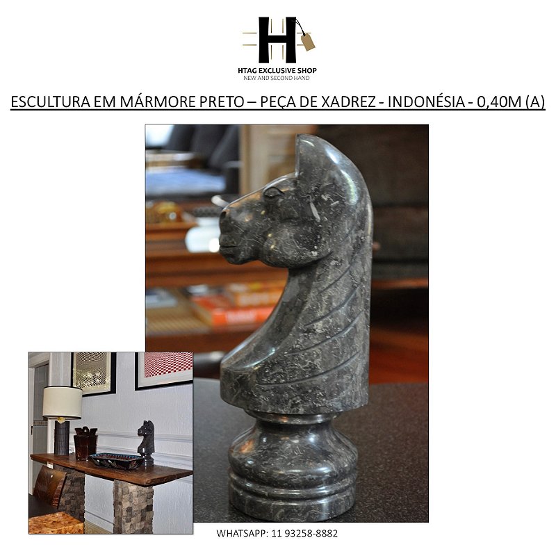 escultura em mármore maciço de cabeça de cavalo inspirada em peças de xadrez  – indonésia - 0,40m (a)