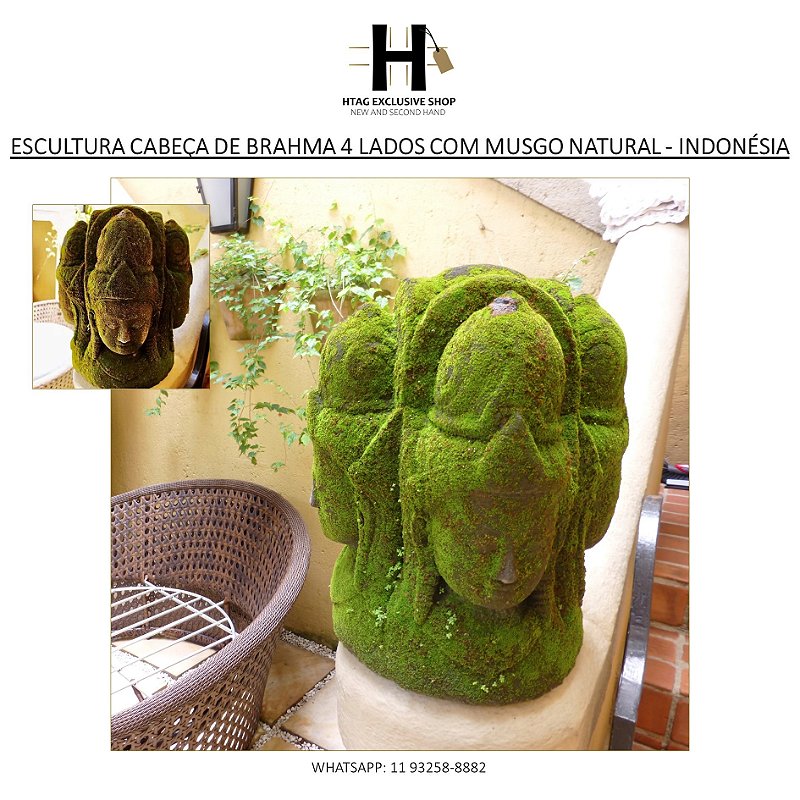 ESCULTURA CABEÇA DE BRAHMA 4 LADOS DA INDONÉSIA EM SAND STONE ESCULPIDA A MÃO COM MUSGO NATURAL