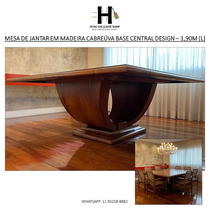 MESA DE JANTAR QUADRADA EM MADEIRA CABREÚVA MACIÇA COM BASE CENTRAL DESIGN – 1,90M (L)