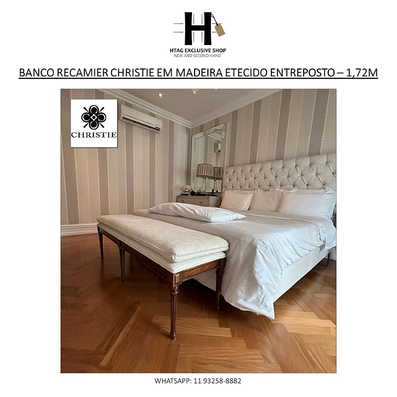 BANCO RECAMIER CHRISTIE EM MADEIRA ENTALHADA TECIDO ENTREPOSTO OFF WHITE – 1,72M