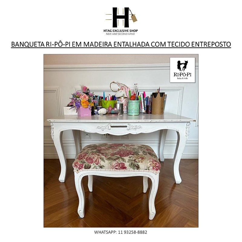 BANQUETA RI-PÔ-PI EM MADEIRA ENTALHADA COM TECIDO ENTREPOSTO