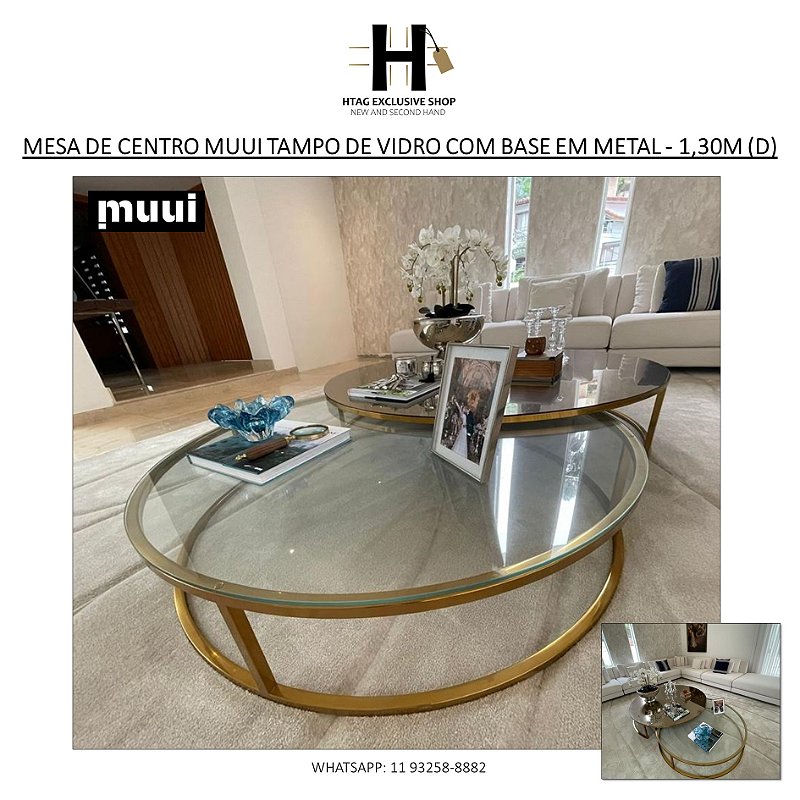 MESA DE CENTRO MUUI TAMPO DE VIDRO COM BASE EM METAL ENVELHECIDO  - 1,30M (D)