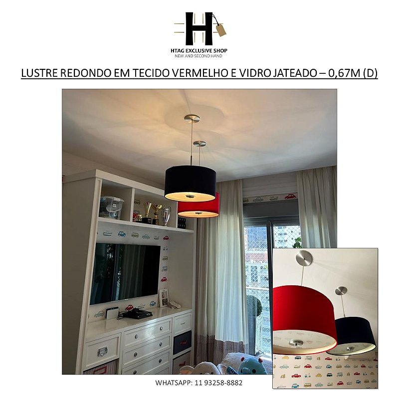 LUSTRE REDONDO EM TECIDO VERMELHO  E VIDRO JATEADO – 0,67M (D)