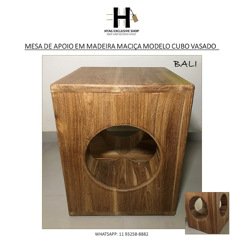 MESA BALINESA DE APOIO DESIGN CUBO EM MADEIRA MACIÇA - BALI