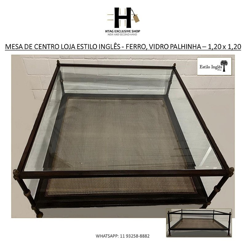 mesa de centro modelo 3 elementos (ferro envelhecido, palhinha e tampo  vidro) – loja estilo inglês