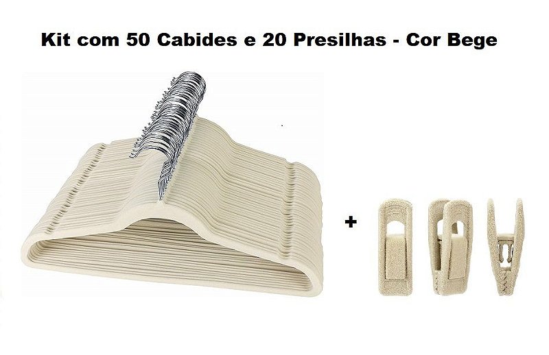 Kit 50 Cabides Veludo + 20 Presilhas Veludo - Cor Bege - Achei Bazar