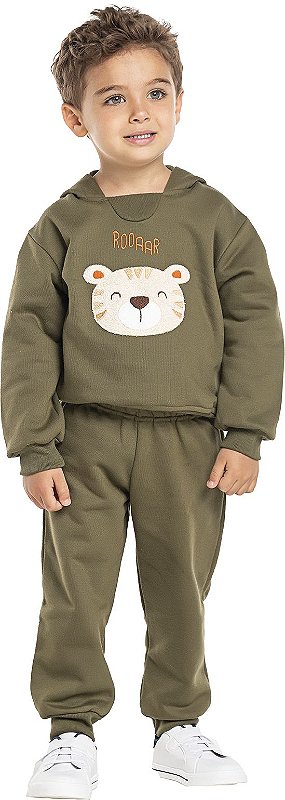 CONJUNTO INFANTIL MENINO TIGRE MOLETOM VERDE MILITAR