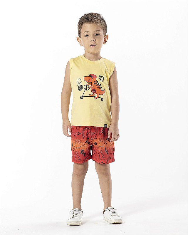 CONJUNTO INFANTIL MENINO COOL DINO ALGODÃO AMARELO