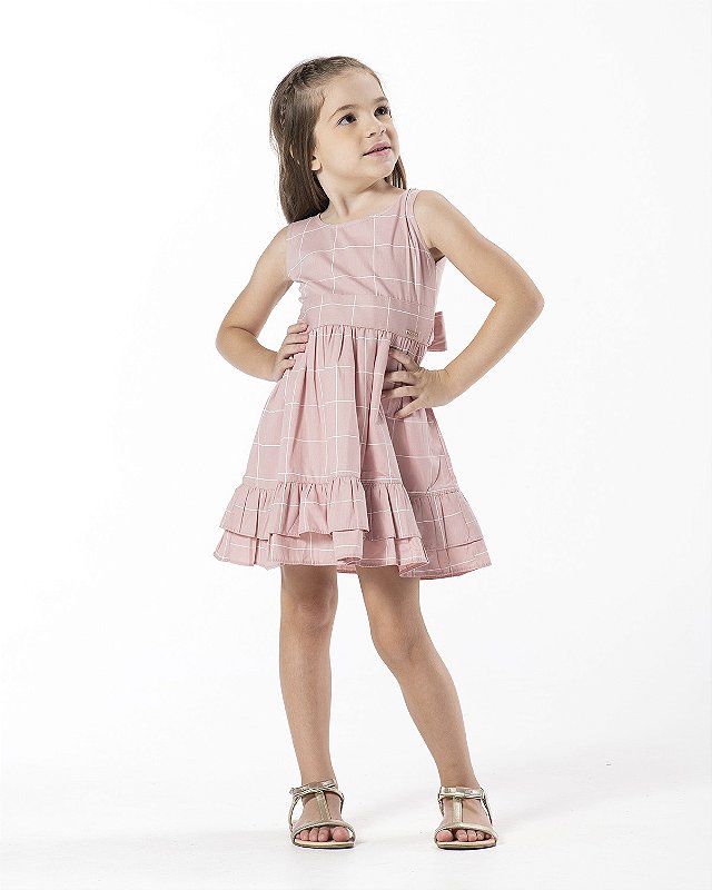 VESTIDO INFANTIL MENINA LAÇO LISTRAS ALGODÃO ROSA