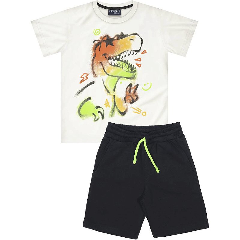 CONJUNTO INFANTIL MENINO DINO ALGODÃO CRU