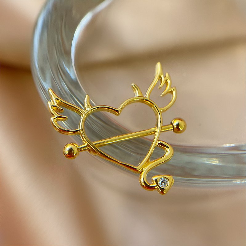 PIERCING MAMILO AÇO 316L CORAÇÃO COM ASA 12MM FOLHEADO A OURO 18K SEMIJOIA PARA ATUALIZAÇÃO ⭐️