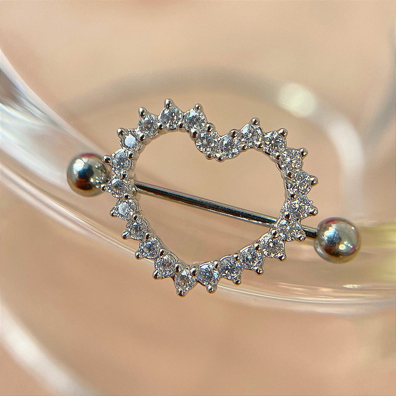 PIERCING MAMILO HASTE AÇO 316L CORAÇÃO ZIRCÔNIAS 12MM FOLHEADO A RÓDIO SEMIJOIA PARA ATUALIZAÇÃO⭐️