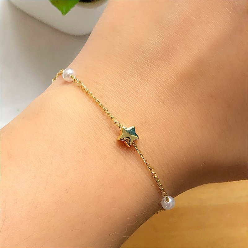 PULSEIRA ESTRELAS E PÉROLAS FOLHEADO A OURO 18K SEMIJOIA⭐