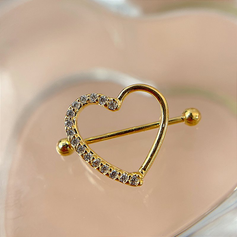 PIERCING MAMILO AÇO 316L CORAÇÃO ZIRCÔNIA 15MM FOLHEADO A OURO 18K SEMIJOIA PARA ATUALIZAÇÃO⭐