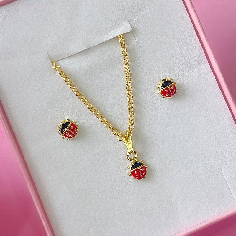 COLAR E BRINCO KIT INFANTIL JOANINHA FOLHEADO A OURO 18K SEMIJOIA⭐