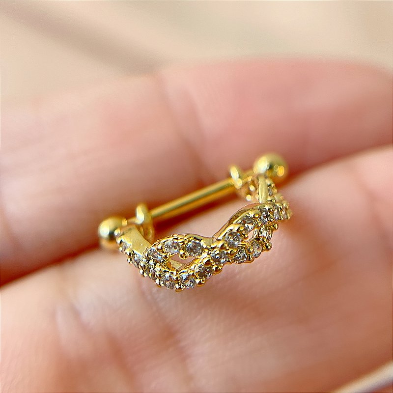 PIERCING CONCH / CARTILAGEM AÇO 316L 8MM ENTRELAÇADO ZIRCÔNIAS FOLHEADO A OURO SEMIJOIA PARA ATUALIZAÇÃO⭐