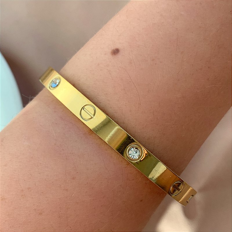 PULSEIRA / BRACELETE DESENHO ZIRCÔNIA DOURADO AÇO 316L
