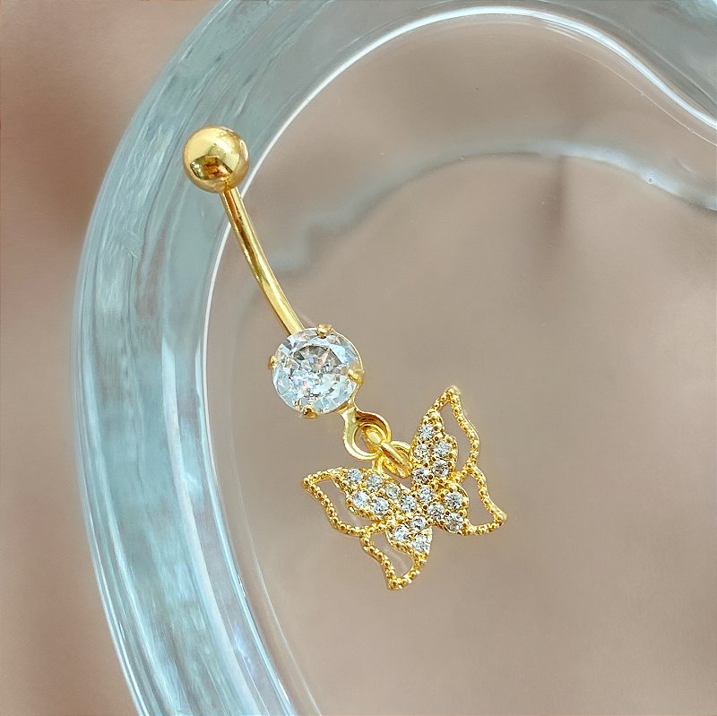 PIERCING UMBIGO HASTE AÇO 316L BORBOLETA ZIRCÔNIAS 10MM FOLHEADO A OURO 18K SEMIJOIA PARA ATUALIZAÇÃO⭐️
