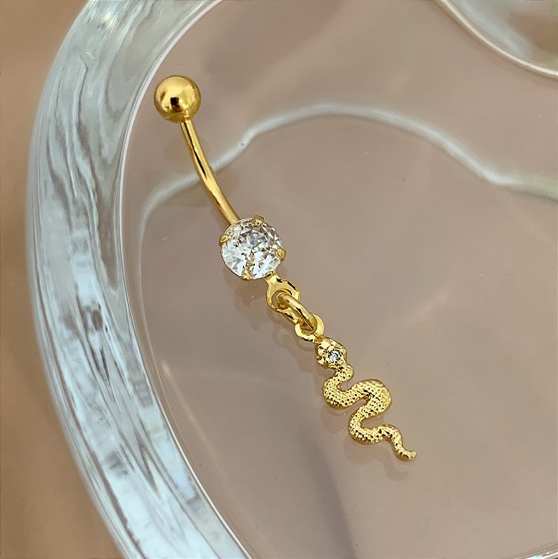 PIERCING UMBIGO HASTE AÇO 316L COBRA ZIRCÔNIAS 10MM FOLHEADO A OURO 18K SEMIJOIA PARA ATUALIZAÇÃO⭐️