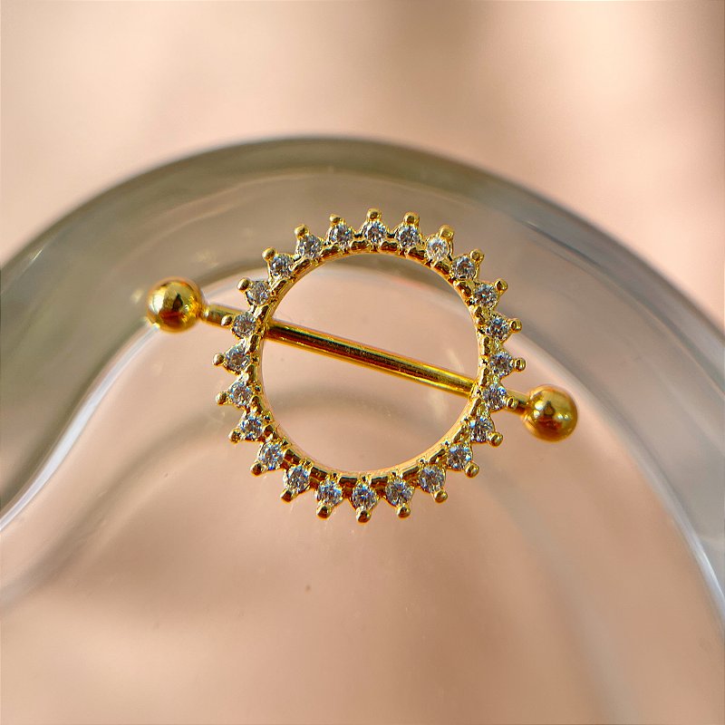PIERCING MAMILO AÇO 316L CÍRCULO ZIRCÔNIAS 11MM FOLHEADO A OURO 18K SEMIJOIA PARA ATUALIZAÇÃO⭐️