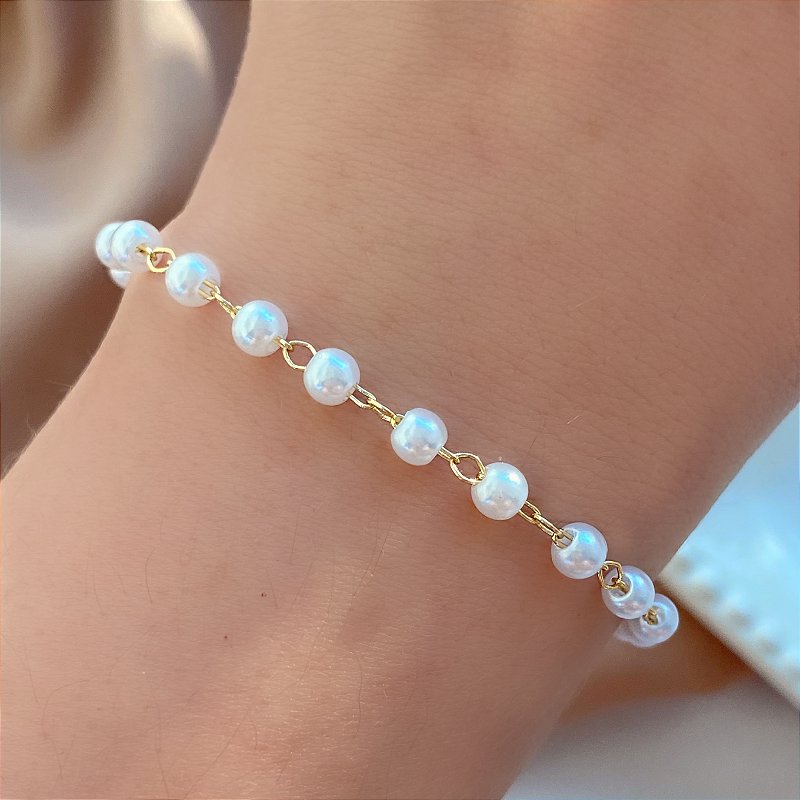 PULSEIRA MINI PÉROLAS CLÁSSICAS FOLHEADO A OURO 18K⭐️