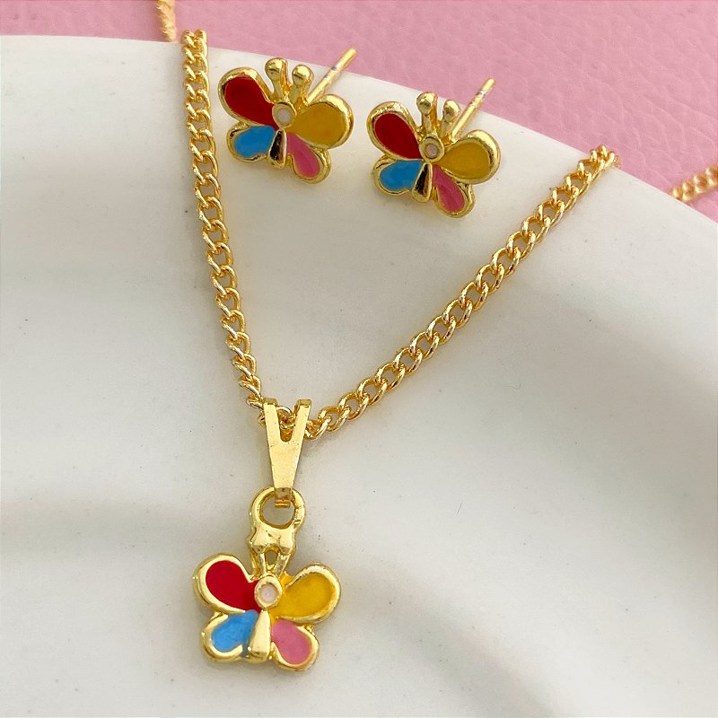 COLAR E BRINCO KIT INFANTIL BORBOLETA COLORIDA FOLHEADO A OURO 18K⭐
