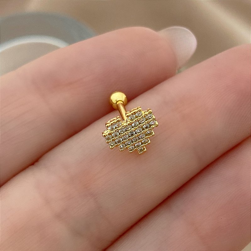 PIERCING CARTILAGEM CORAÇÃO ZIRCÔNIAS 6MM HASTE AÇO 316L FOLHEADO A OURO 18K SEMIJOIA PARA ATUALIZAÇÃO⭐️