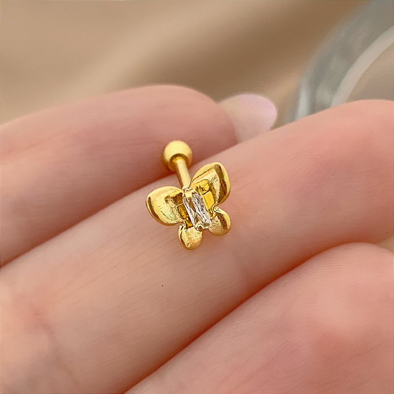 PIERCING TRÁGUS / CARTILAGEM BORBOLETA LISA PEDRA ZIRCÔNIA 6MM HASTE AÇO 316L FOLHEADO A OURO 18K SEMIJOIA PARA ATUALIZAÇÃO⭐️