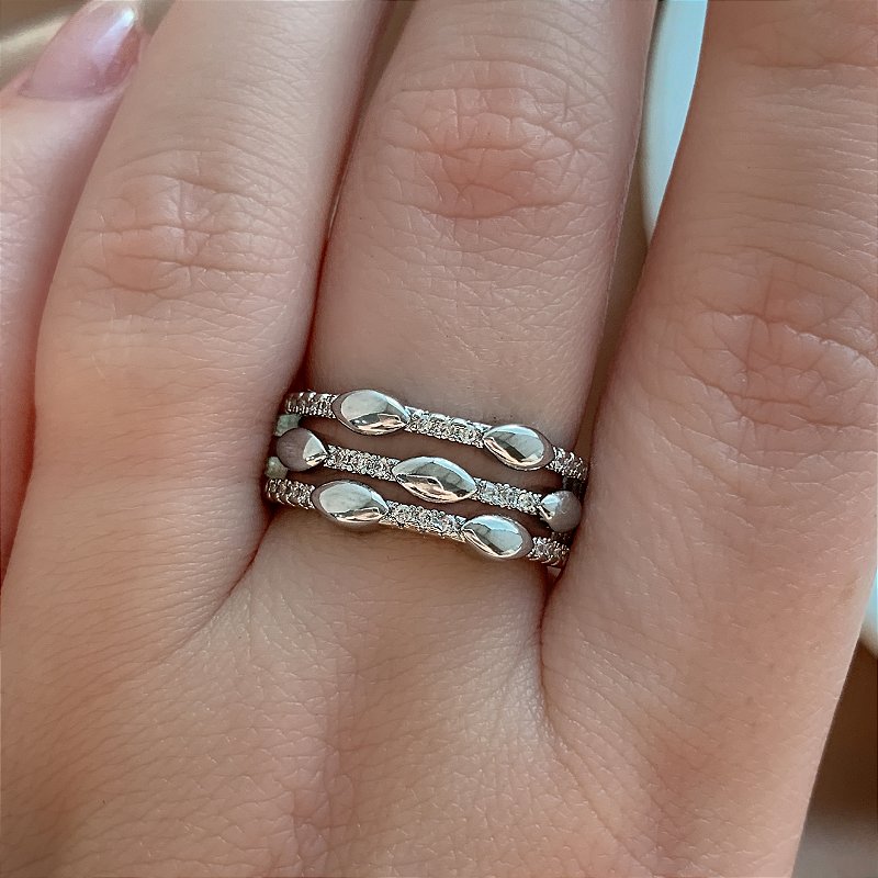 ANEL FIOS ZIRCÔNIAS E BOLINHAS PRATEADO BIJU