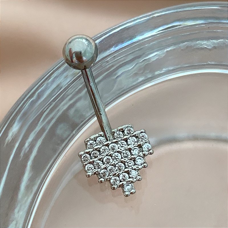 PIERCING UMBIGO HASTE AÇO 316L CORAÇÃO ZIRCÔNIAS 10MM FOLHEADO A RÓDIO SEMIJOIA PARA ATUALIZAÇÃO⭐️