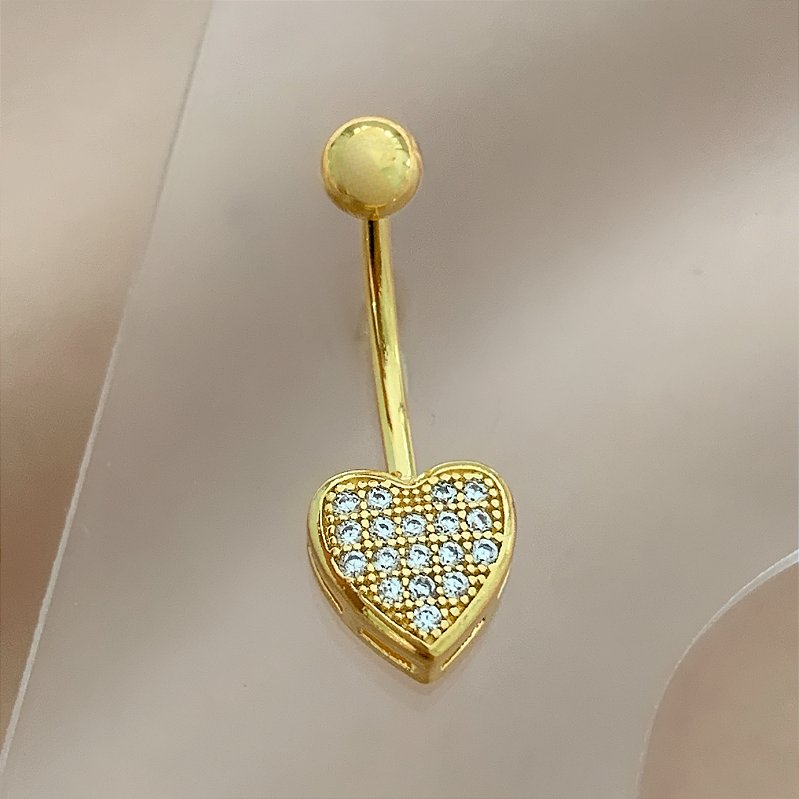 PIERCING UMBIGO CORAÇÃO MICRO ZIRCÔNIAS 10MM HASTE AÇO 316L FOLHEADO A OURO 18K SEMIJOIA PARA ATUALIZAÇÃO⭐️
