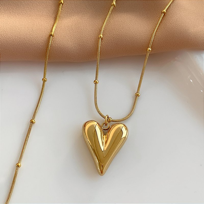 COLAR CORRENTE BOLINHAS E PINGENTE CORAÇÃO DOURADO AÇO 316L⭐️