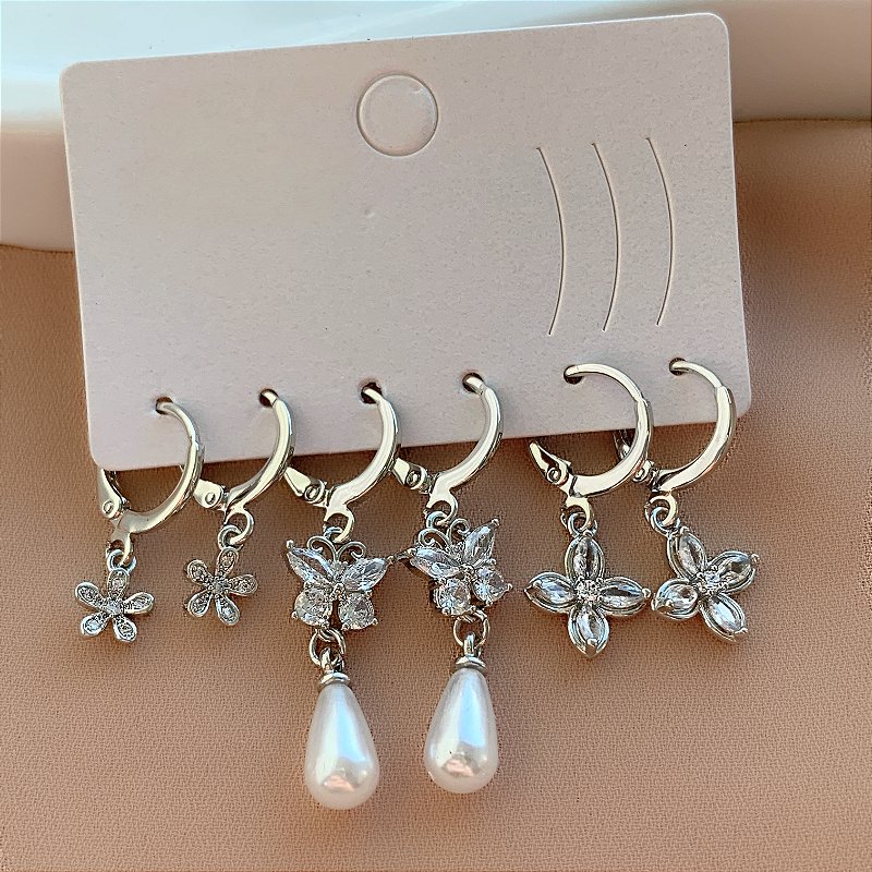 BRINCO KIT ARGOLINHAS BORBOLETAS ZIRCÔNIAS MAITÊ PRATEADO BIJU