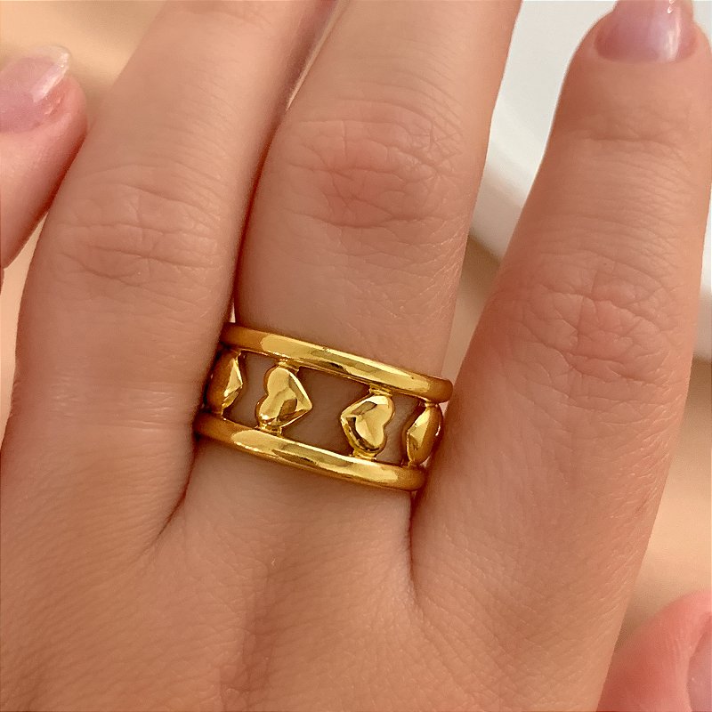 ANEL REGULÁVEL FILEIRA CORAÇÕES DOURADO AÇO 316L⭐️