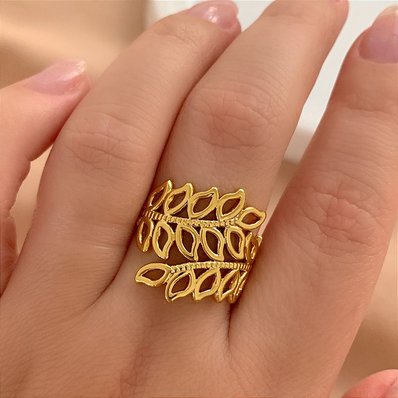 ANEL REGULÁVEL RAMINHOS VAZADOS DOURADO AÇO 316L⭐️