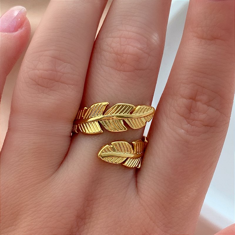 ANEL REGULÁVEL PENA DOURADO AÇO 316L⭐️